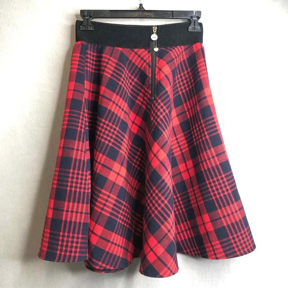 Only True Streetwear Retro Circle Midi Skirt Womens Size‎ 26 Red/Navy Plaid